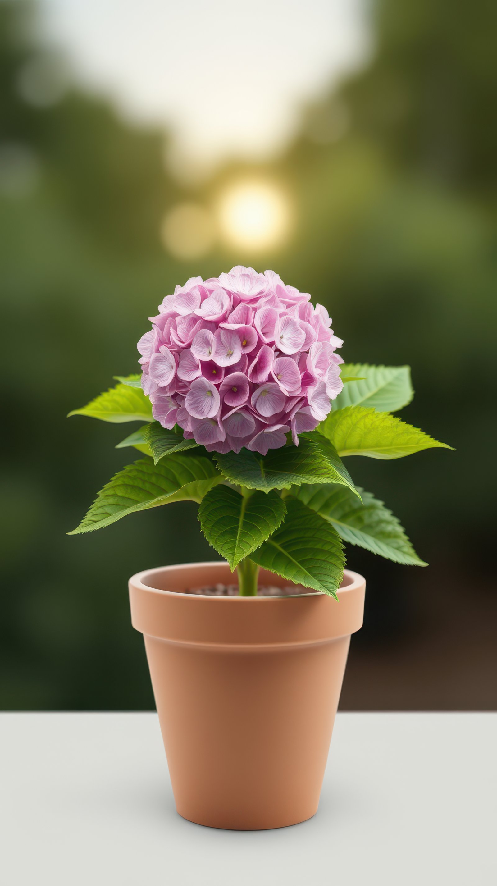 A potted hydrangea plant with pink flowers blooms against a blurry green background